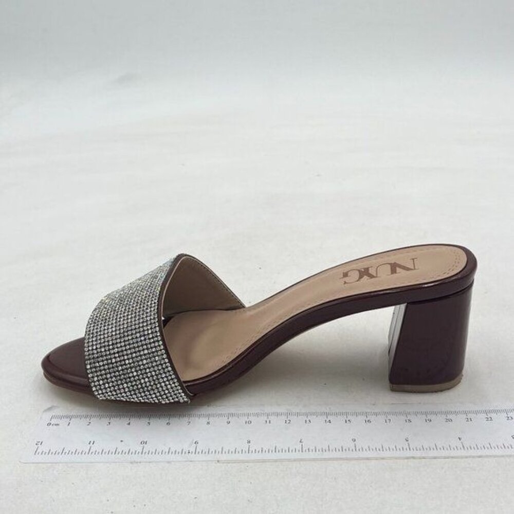 Brown Rhinestone Block Heel Mule Sandal Peep Toe Slipper Dress Shoes for Comfort